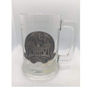 Clear glass 1996 Centennial Olympic mug with pewter front Atlanta Georgia